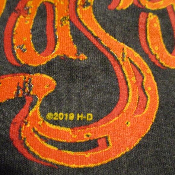 Harley Davidson Woman Large Gray Yellow Orange Graphic Skull Short Sleeve Shirt - Picture 4 of 9